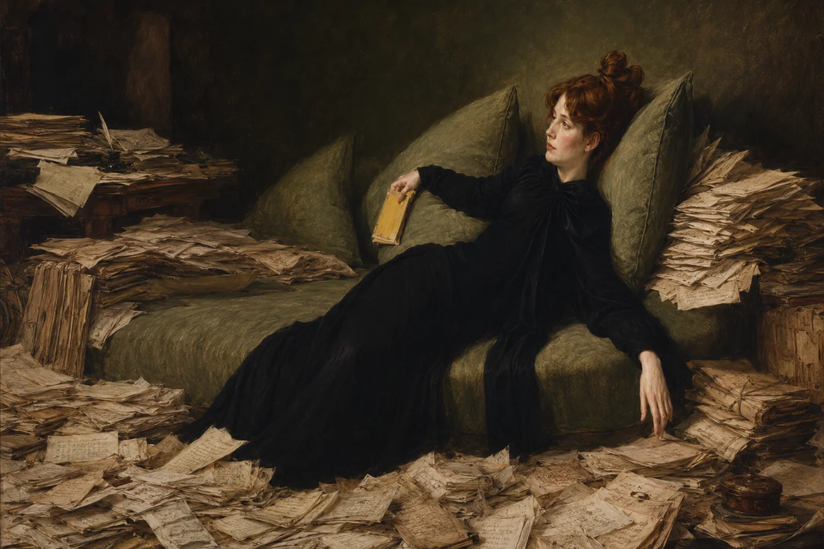 A woman reclining calmly on a sofa amid a sea of scattered papers